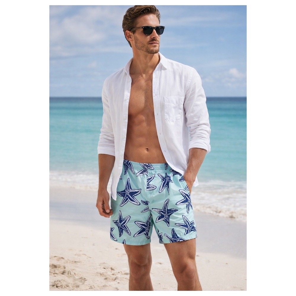 RS Surf Swim Trunks Mens Size S Mint Green Navy Starfish Nautical Beach Good